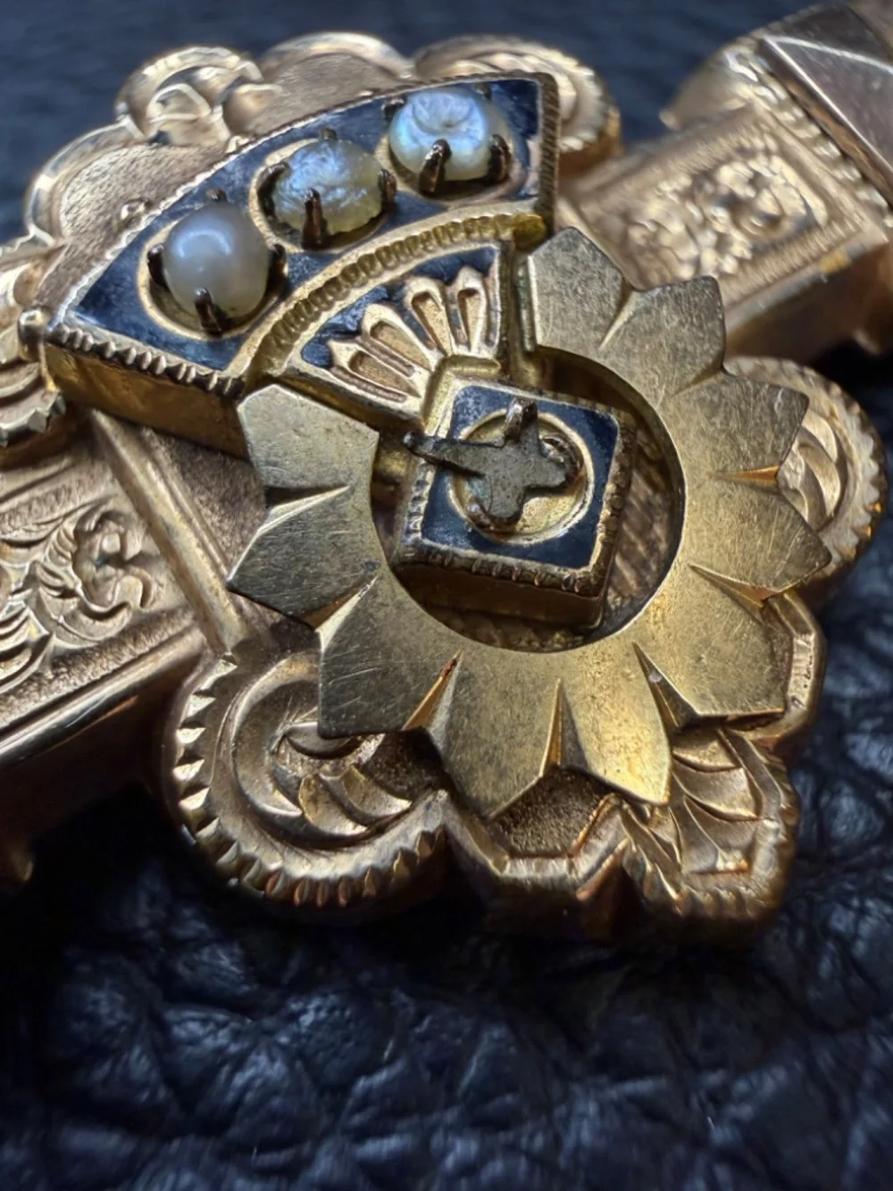 ORNATE Antique Victorian Edwardian Gold Filled Etched Bar Brooch Seed Pearls 2